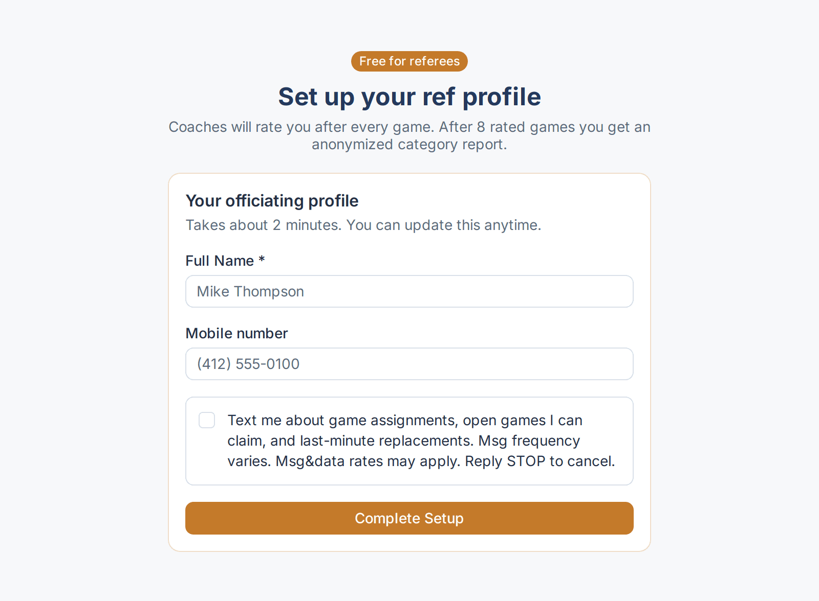 Referee profile setup after sign-in. The staffing SMS checkbox is unchecked and is not required to finish setup.
