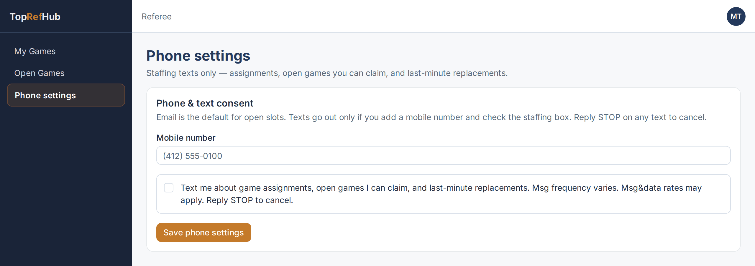 Logged-in TopRefHub Phone settings. Mobile number field is empty and the staffing SMS checkbox is unchecked.